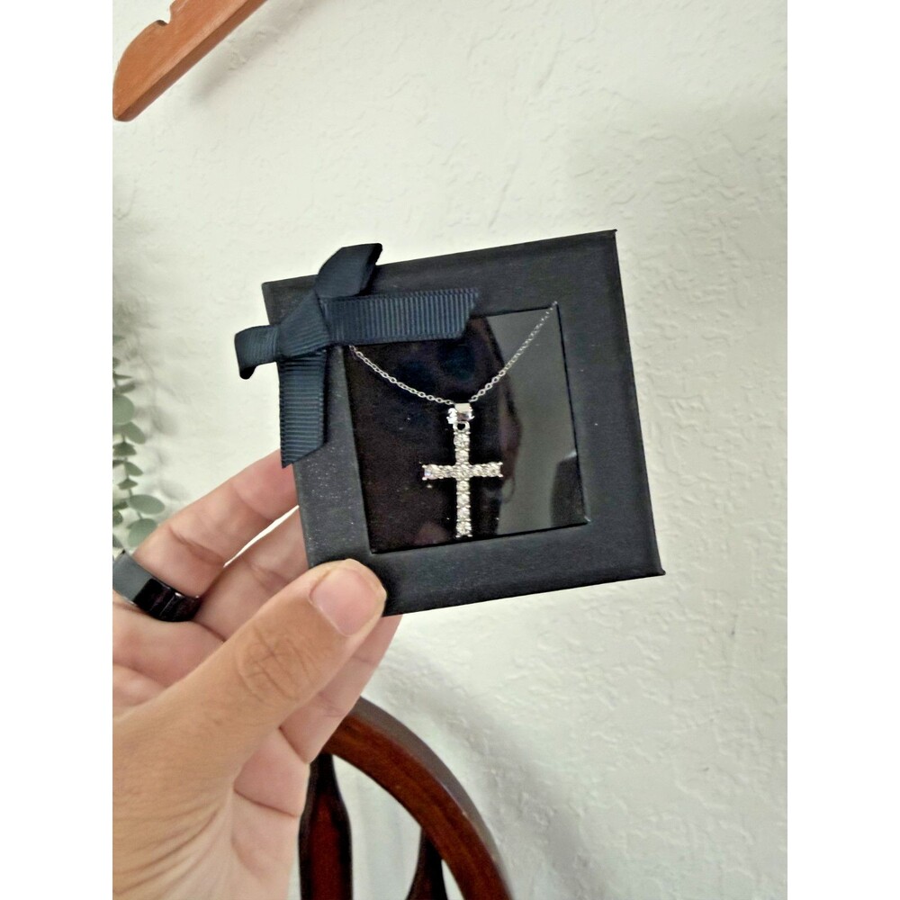 New in Box Silver Crystal Cross Necklace Pendant Rhinestones